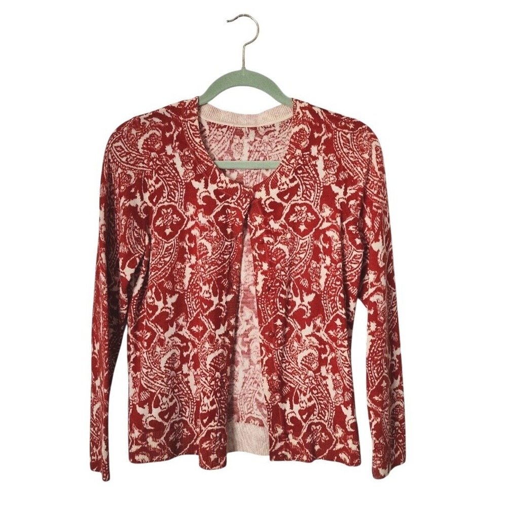TALBOTS Red Paisley Merino Wool Cardigan Preppy Old Money